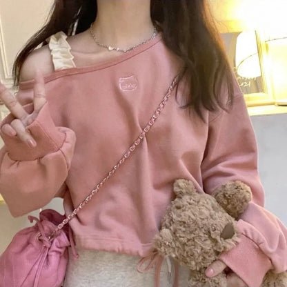 Pink Cat Embroidery Crop Sweater