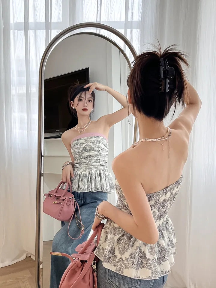 French Black & White Strapless Ruched Tube Top
