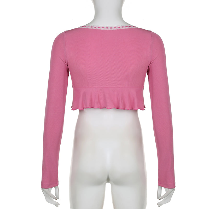 Pink Frill Lace Long Sleeve Crop Top