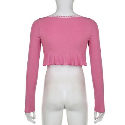 Pink Frill Lace Long Sleeve Crop Top