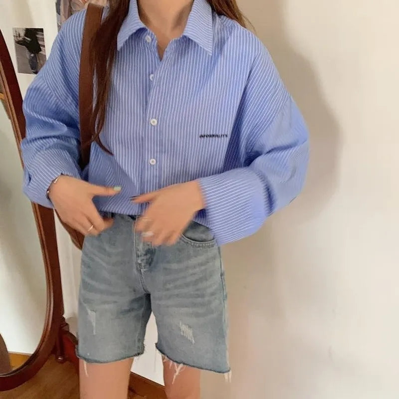 Blue Stripe Cropped Long Sleeve Shirt