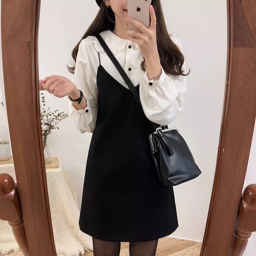 Cute 2pcs Summer Preppy White Ruffle Peterpam Collar Black Vintage V Dress E-Girl Kawaii Korean Japanese Harajuku Retro Streetwear