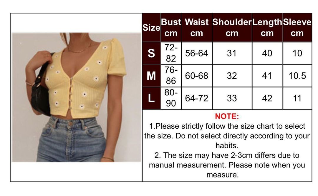 Cute Yellow Flower Embroidery Button V Neck Short Sleeve Shirt Crop Top Cardigan Summer Aesthetic E-Girl Kawaii Korean Japanese Harajuku Streetwear