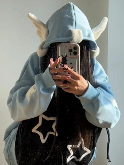 Blue Fairy Wing Horns Zipper Hoodie