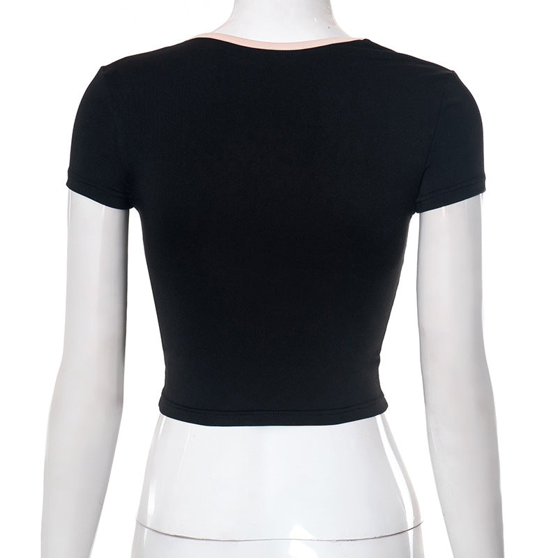 Black Crop Top With Pink Bow