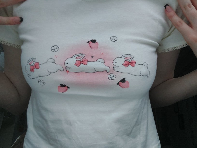 Rabbit Kitten Lace Trim Short Sleeve T-shirt
