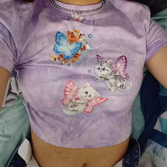 Cute Cat Butterfly Print Purple Sexy Crop Top Tank Short Sleeve Shirt Tee T-shirt Summer Casual E-Girl Kawaii Korean Japanese Harajuku Streetwear