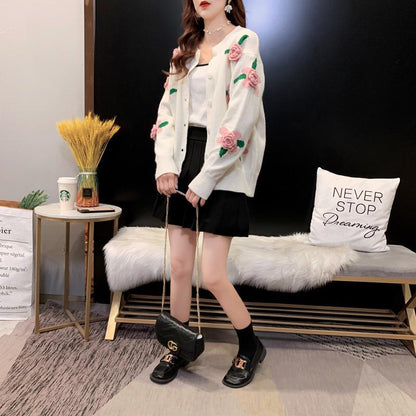 Rose Embroidery Button Up Cardigan
