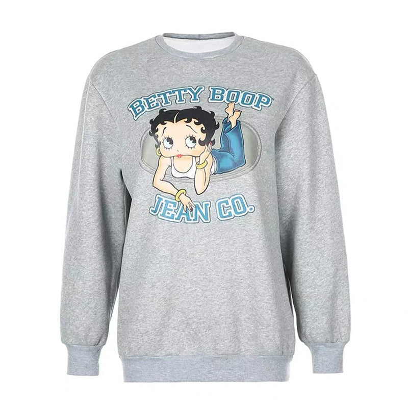 Cute 80s 90s Vintage Cartoon Girl Print Long Sleeve Shirt Hoodie Pullover Sweatshirt Sweater Casual E-Girl Kawaii Korean Japanese Harajuku Streetwear