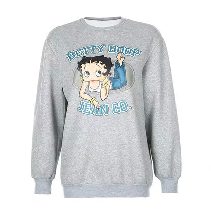 Cute 80s 90s Vintage Cartoon Girl Print Long Sleeve Shirt Hoodie Pullover Sweatshirt Sweater Casual E-Girl Kawaii Korean Japanese Harajuku Streetwear