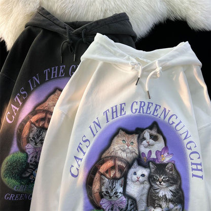 Purple Flower Kitten Print Oversized Hoodie