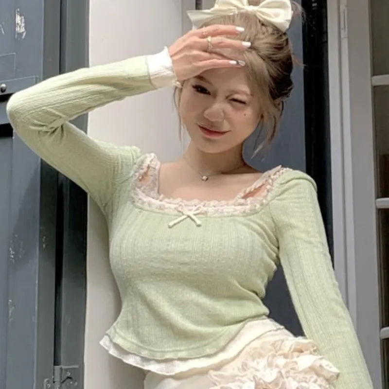 Green Lace Bow Long Sleeve Shirt