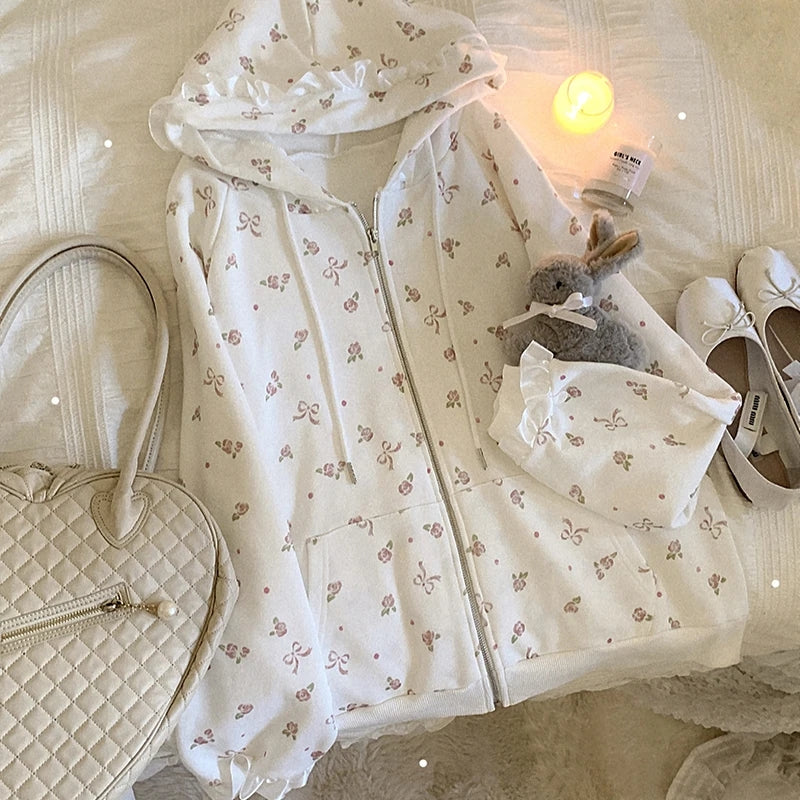 Bow Rose Print Loose Hoodie