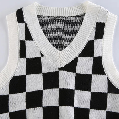 Cute Preppy Argyle Plaid Sweater Vest Sleeveless Knit Crop Top V Neck Shirt Aesthetic Casual Summer E-Girl Kawaii Korean Japanese Harajuku