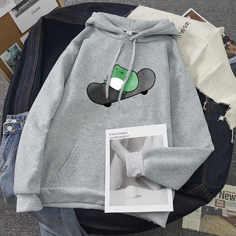 Skateboard Frog Cartoon Casual Loose Oversized Hoodie Sweater Sweatshirt Long Sleeve Pullover E-Girl Kawaii Korean Japanese Harajuku Streetwear