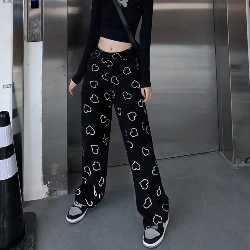 Black Heart Print High Waist Pants