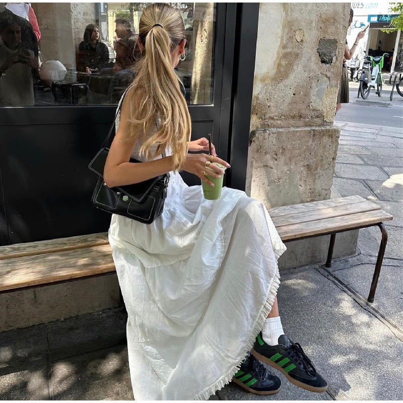 White Pleated Lace Up Square Collar Ruffle Maxi Dress