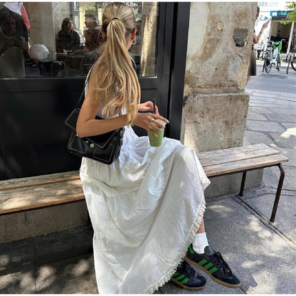 White Pleated Lace Up Square Collar Ruffle Maxi Dress