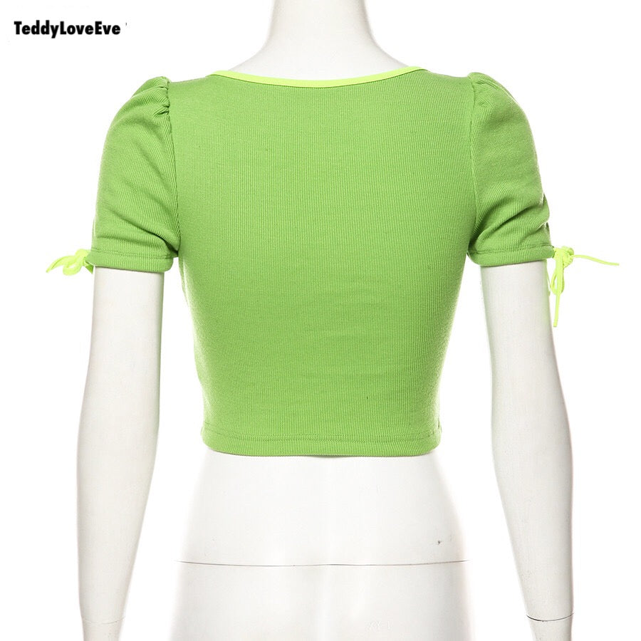 Cute Sexy Neon Green Ribbed Knit Bow Crop Top Short Sleeve Shirt Tee T-shirt E-Girl Kawaii Korean Japanese Harajuku Chinese Retro Streetwear Aesthetic