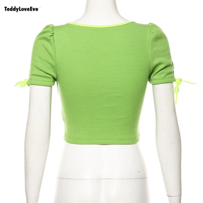 Cute Sexy Neon Green Ribbed Knit Bow Crop Top Short Sleeve Shirt Tee T-shirt E-Girl Kawaii Korean Japanese Harajuku Chinese Retro Streetwear Aesthetic