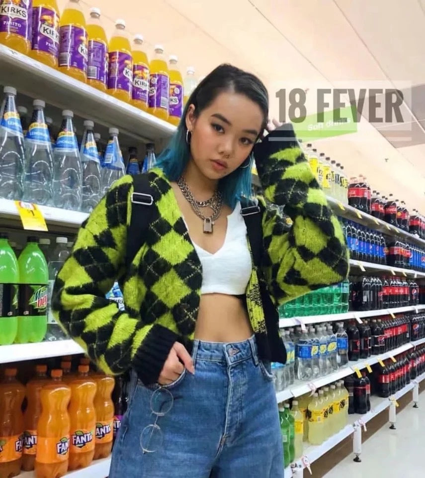 Cute Checkered Vintage Knit Cardigan Sweater Top Shirt Winter Autumn E-Girl Kawaii Korean Japanese Harajuku Chinese Retro Streetwear