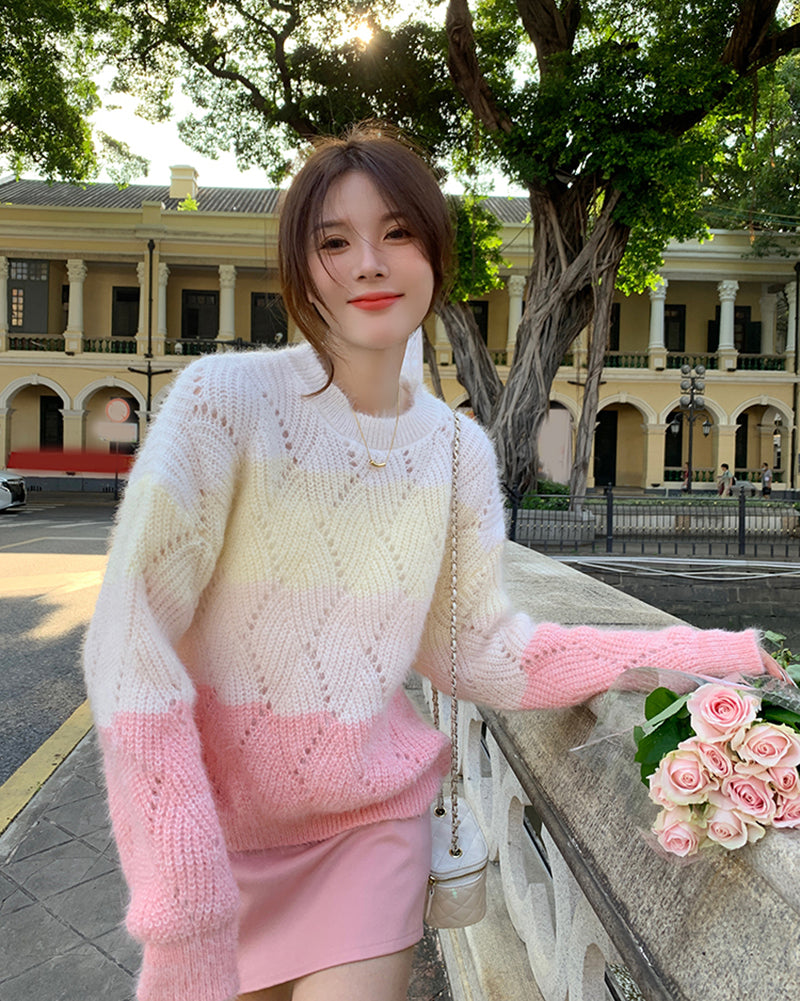 Pink Ombre Hollow Out Sweater