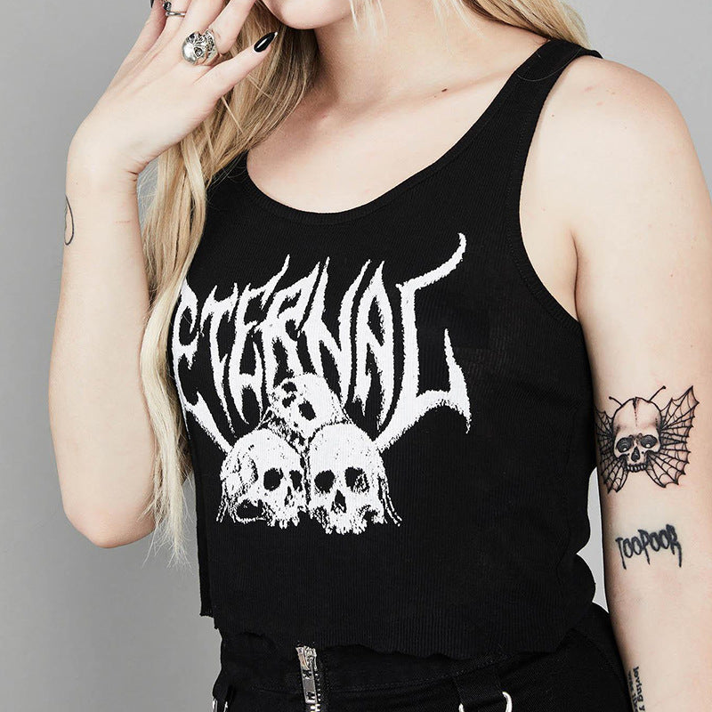 Black Skull Print Knit Ruffle Tank Top Cropped Sleeveless Shirt Causal Goth Punk Causal Summer E-Girl Kawaii Korean Japanese Harajuku Streetwear