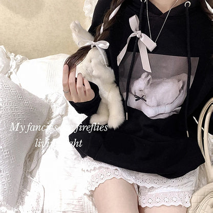 Black Rabbit Bow Loose Hoodie