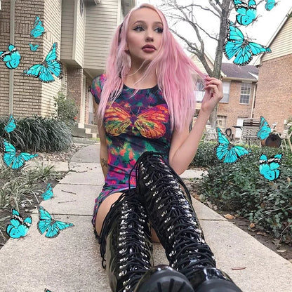 Cute Sexy Tie Dye Butterfly Print Mesh Transparent Short Sleeve Mini Dress Summer Aesthetic Casual E-Girl Kawaii Korean Japanese Harajuku