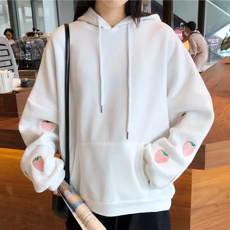 Cute Pastel Purple Strawberry Embroidery Patch Oversized Hoodie Sweater Sweatshirt Pullover Winter E-Girl Kawaii Korean Japanese Harajuku Streetwear