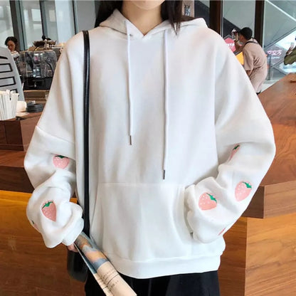 Cute Pastel Purple Strawberry Embroidery Patch Oversized Hoodie Sweater Sweatshirt Pullover Winter E-Girl Kawaii Korean Japanese Harajuku Streetwear