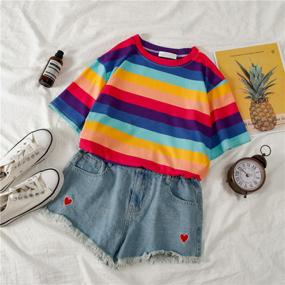 Cute Causal Pastel Rainbow Colorful Stripe Loose Round Neck Short Sleeve Tee Shirt T-shirt Top E-Girl Kawaii Korean Japanese Harajuku Retro Streetwear