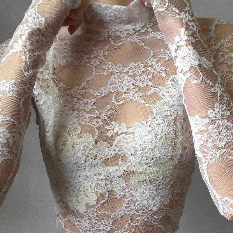 White Transparent Lace Turtleneck Crop Top