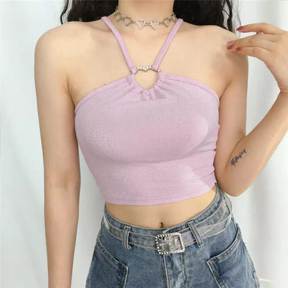 Heart Pink Sequin Halter Neck Crop Top Sleeveless Shirt Camisole Summer Aesthetic Casual E-Girl Kawaii Korean Japanese Harajuku