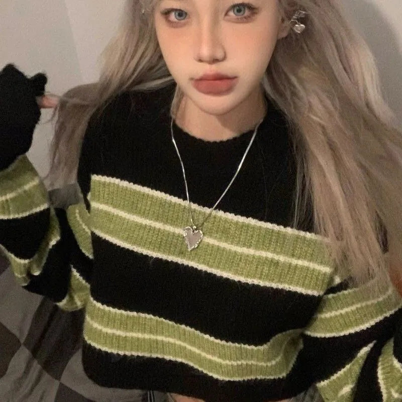Green & Black Cropped Sweater