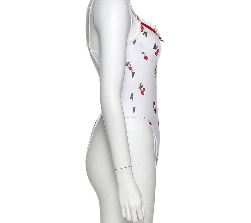 Cute Sweet Sexy Cherry Ruffle Bodysuit Top Tees Tshirts E-Girl Kawaii Korean Japanese Harajuku Chinese Retro Streetwear Aesthetic