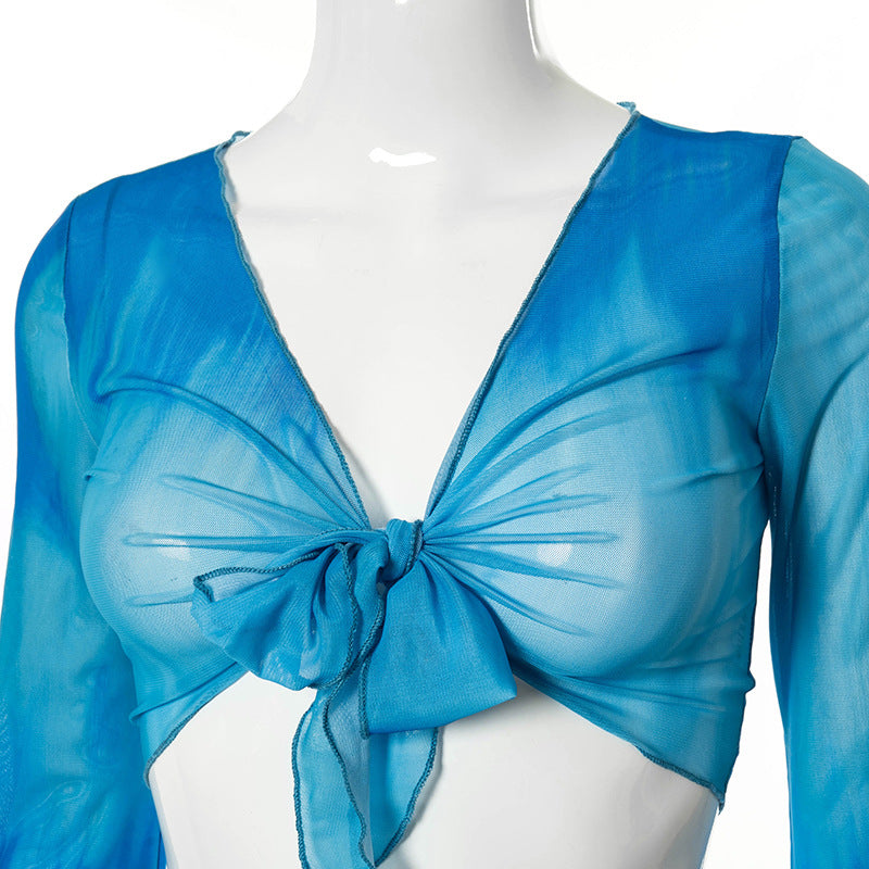 2PCS Tie Dye V Neck Mesh Top + Mini Skirt