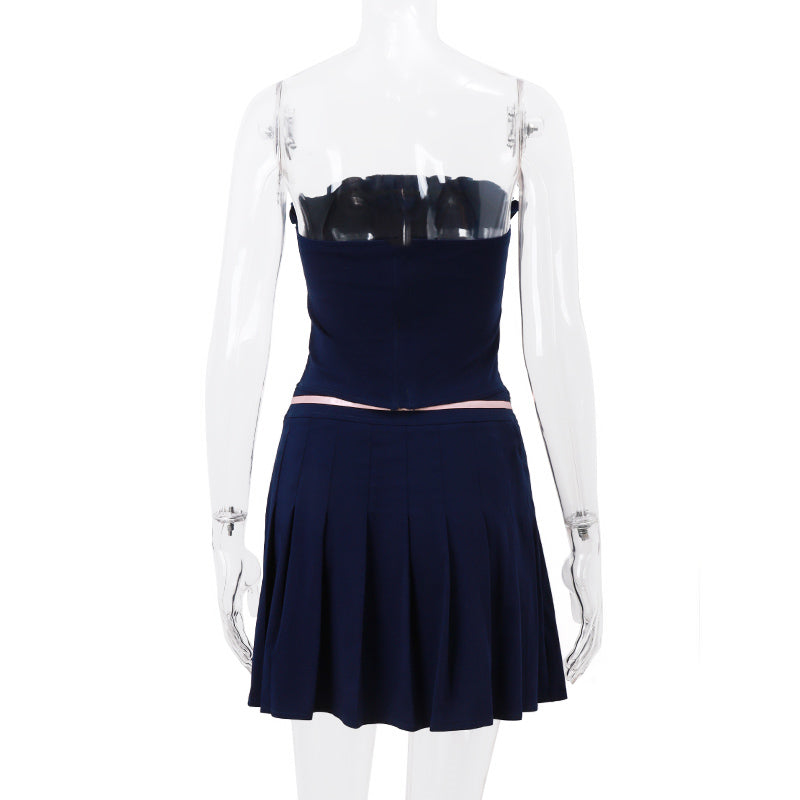 2PCS Blue Bow Strapless Top + Pleated Low Waist Skirt