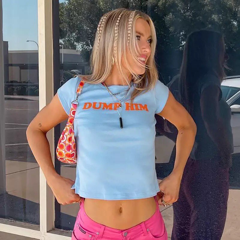 Blue Dump Him Funny Graphic Print Short Sleeve Shirt Crop Top Summer Aesthetic Casual E-Girl Kawaii Korean Japanese Harajuku