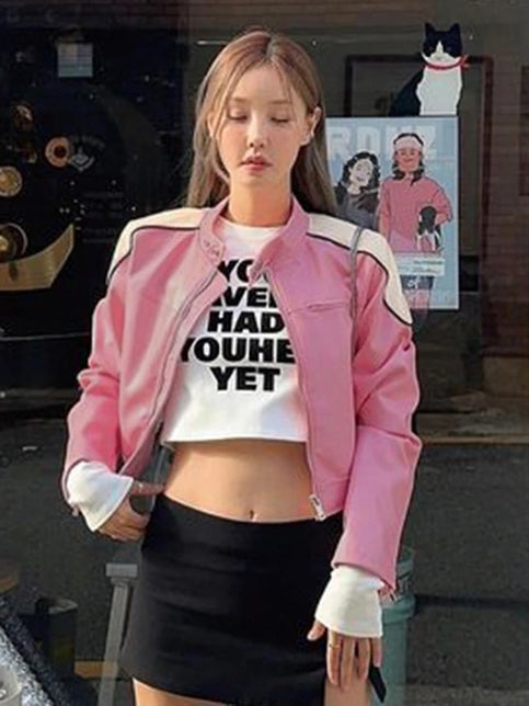 Pink PU Leather Retro Motorbike Jacket