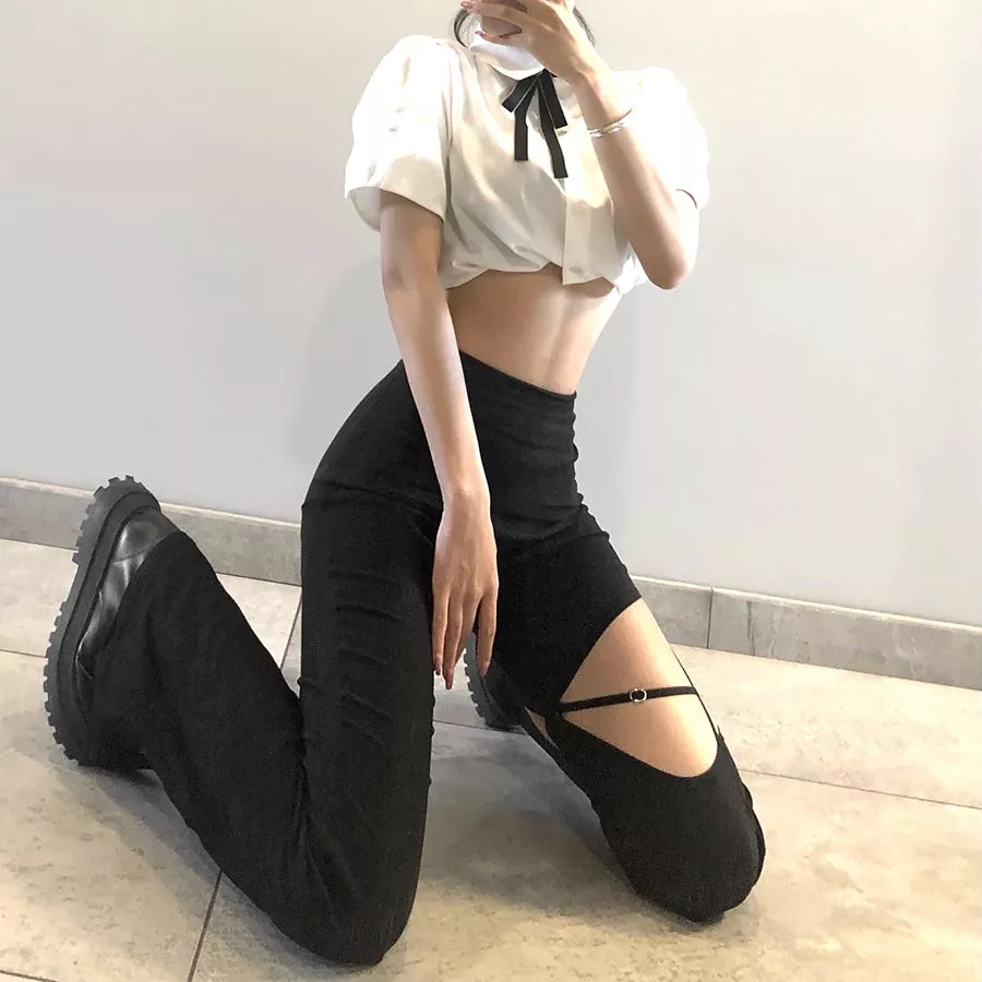 Cute Sexy Black High Waist Flare Trousers Cut Out Hollow Pants Summer Aesthetic Casual E-Girl Kawaii Korean Japanese Harajuku