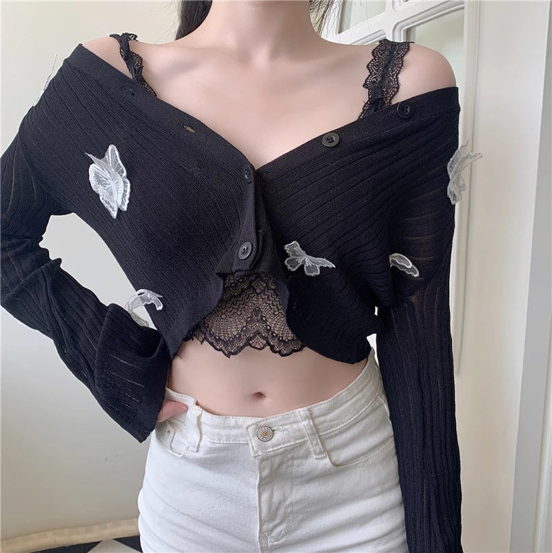 Cute Sweet Butterfly Knit Cardigan V Neck Crop Top Thin Long Sleeve T-shirt Vintage Aesthetic Casual Summer E-Girl Kawaii Korean Japanese Harajuku
