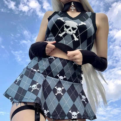 Cute Sexy V Neck Skull Print Knit Vest Sleeveless Crop Top Punk Goth Aesthetic Casual Summer E-Girl Kawaii Korean Japanese Harajuku
