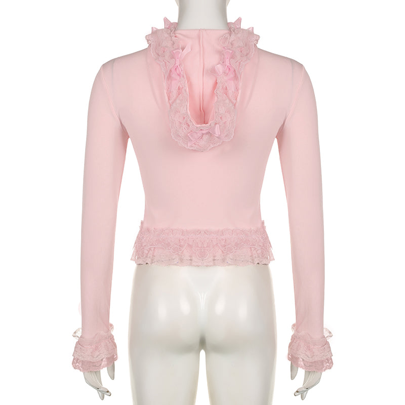 Pink Lace Ruffle Hem Cropped Zipper Hoodie
