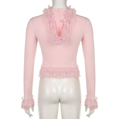 Pink Lace Ruffle Hem Cropped Zipper Hoodie