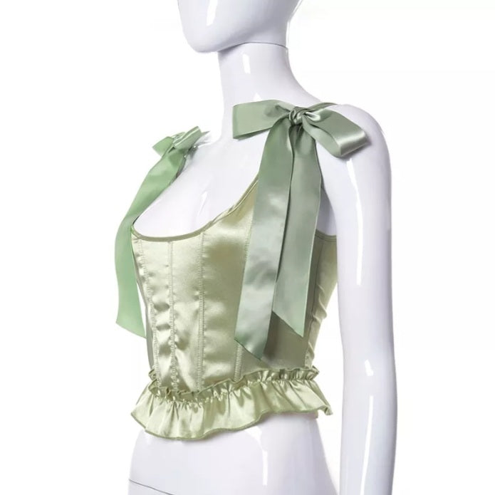 Cute Lace Ribbon Bow Tie Solid Square Collar Patchwork Sleeveless Corset Top Summer Aesthetic Casual E-Girl Kawaii Korean Japanese Harajuku