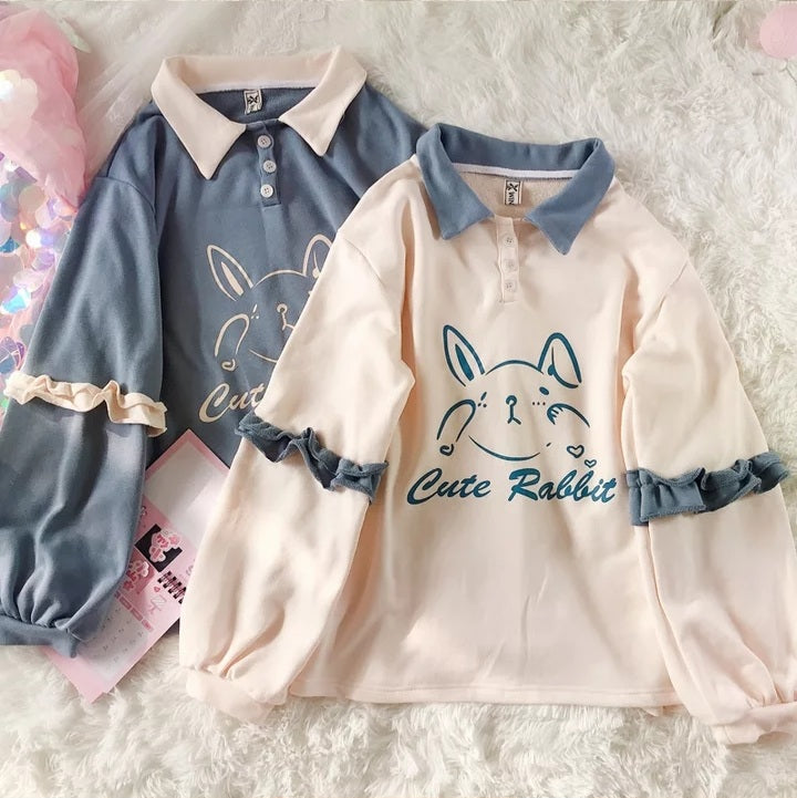 Cute Bunny Rabbit Graphic Vintage Collar Long Sleeve T- Shirt Sweatshirt Aesthetic Casual E-Girl Kawaii Korean Japanese Harajuku