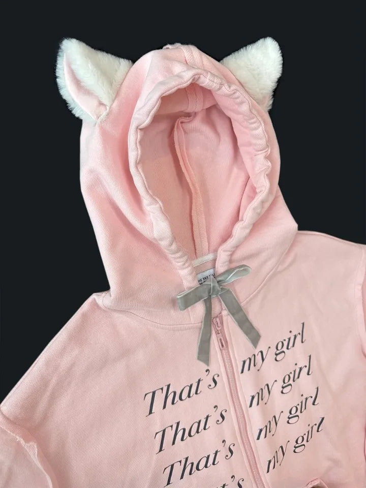 Pink Fluffy Cat Ears Letter Print Sweatshirt