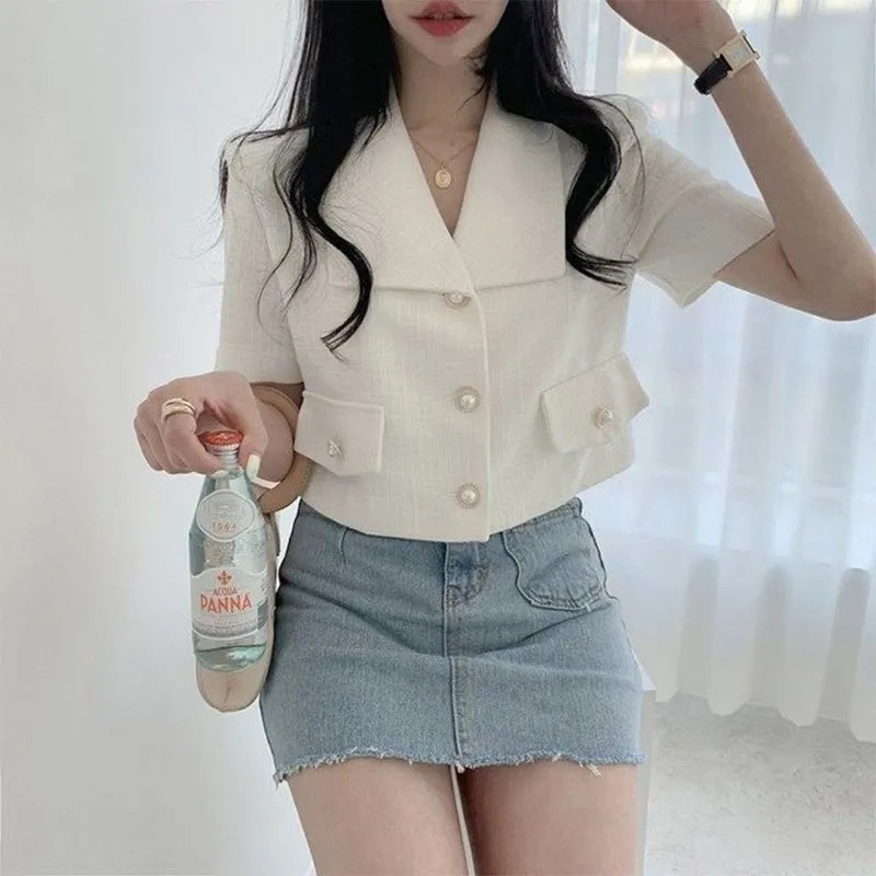 White Pearl Button Tweed Short Sleeve Blouse