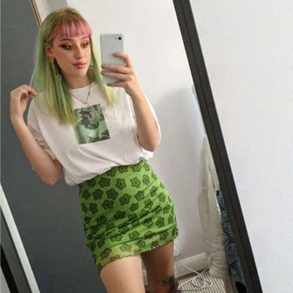 Cute Sexy 90s Boho Retro Vintage Green Flower Mesh Trim A-line Mini Skirt Bottoms Aesthetic E-Girl Kawaii Korean Japanese Harajuku Streetwear